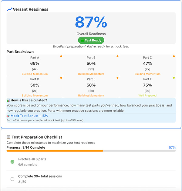 Practice interface for Versant test parts A through F