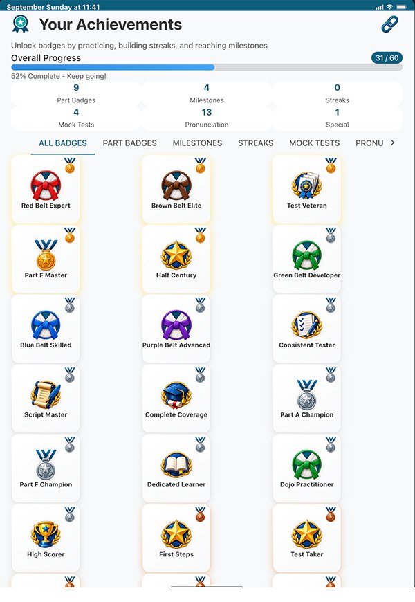 Achievement badge collection with milestones and belt progress