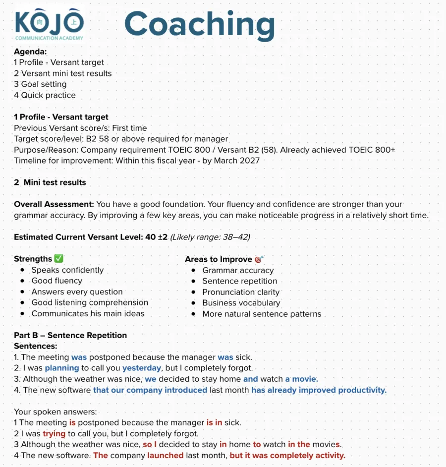 Sample of coaching session material