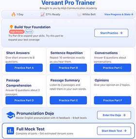 Kōjō Academy App - Pronunciation Dojo & Versant Practice Dashboard
