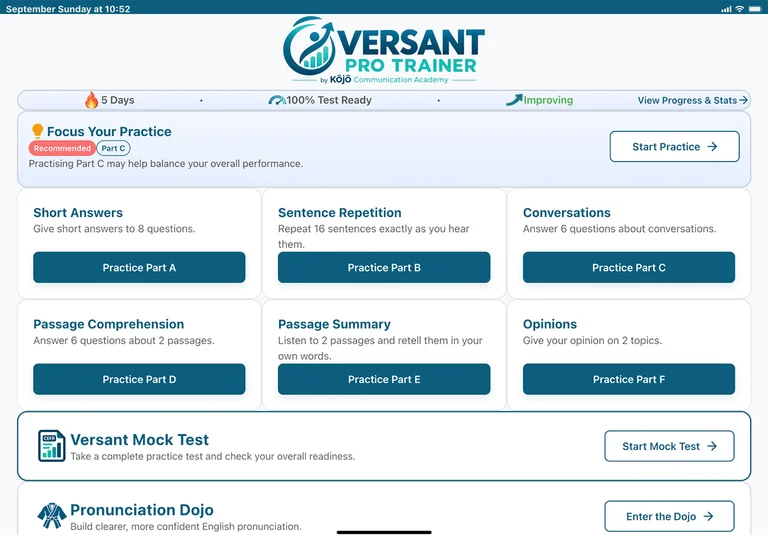 Kōjō Academy App - Versant Practice Dashboard