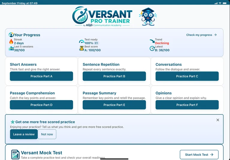 Kōjō Academy App - Versant Practice Dashboard