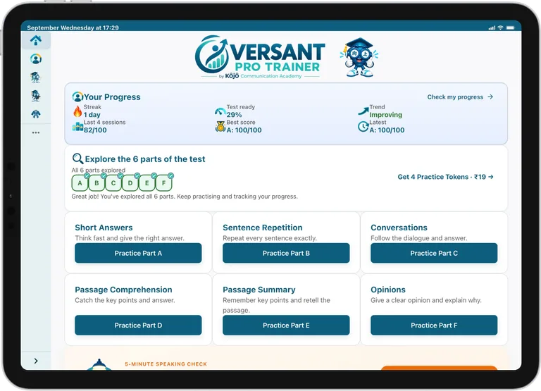 Versant Pro Trainer dashboard showing progress, streaks and all six test parts