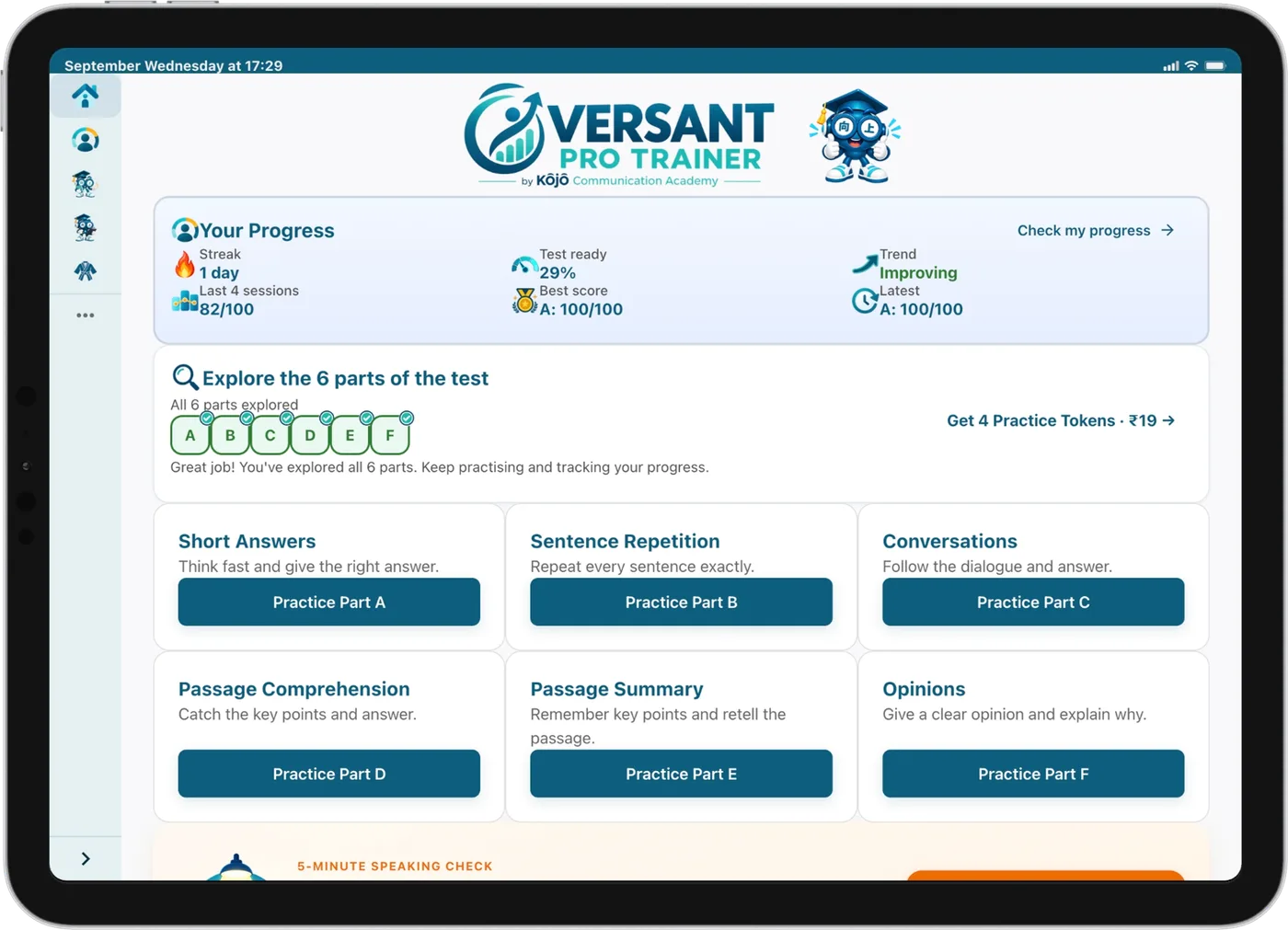 Versant Pro Trainer dashboard showing progress, streaks and all six test parts
